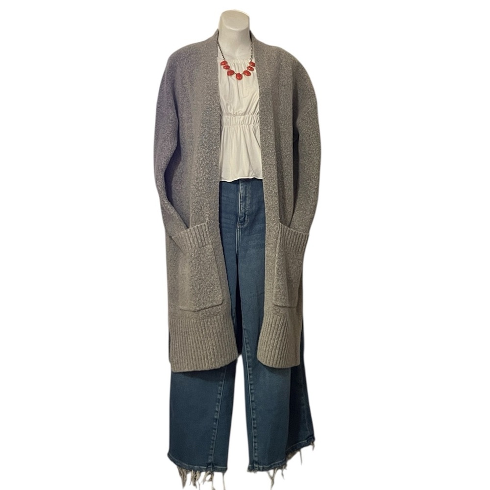 Woolen Bloom Women’s Gray Open-Front 3/4 Length Drop Shoulder Duster Sweater M